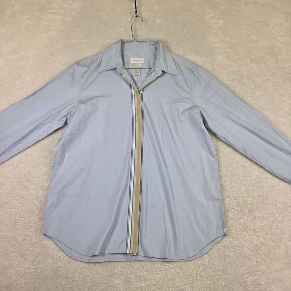 Liz Claiborne Lizsport Blue Cotton Button Down Shirt Striped Trim Small